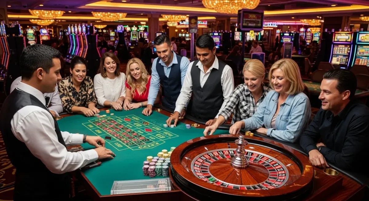 Sugar Rush 1000 Gruppe spielt Roulette mit Croupier im Casino