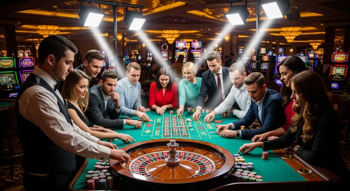 Sugar Rush 1000 Gruppe Menschen spielt Roulette im eleganten Casino