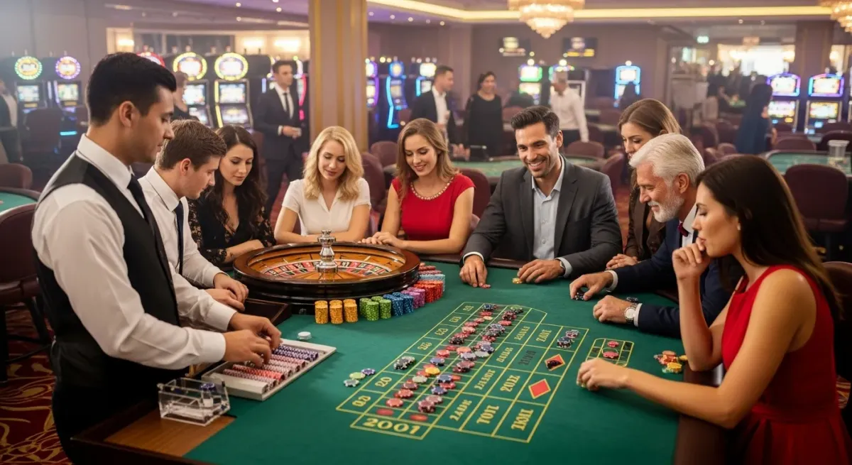 Sugar Rush 1000 Croupier und Spieler am Roulette-Tisch im eleganten Casino