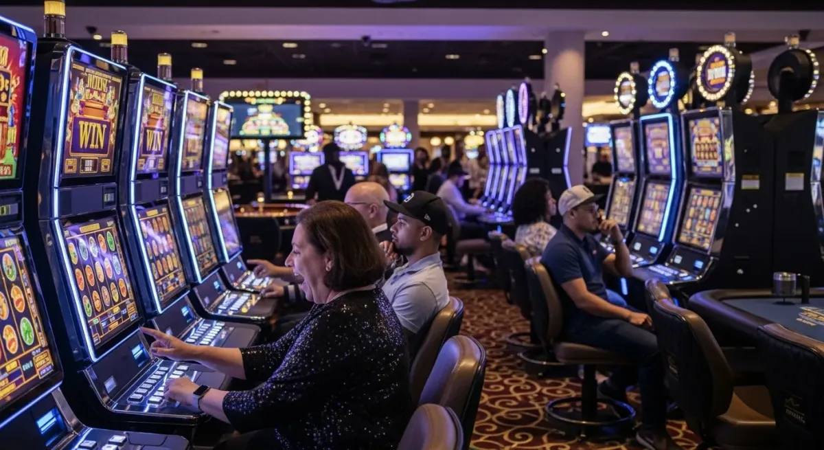 Sugar Rush 1000 Frau spielt an einem beleuchteten Spielautomaten im Casino