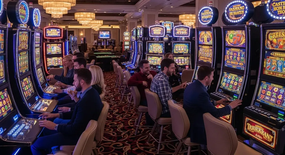 Sugar Rush 1000 Menschen spielen an Spielautomaten in einem Kasino