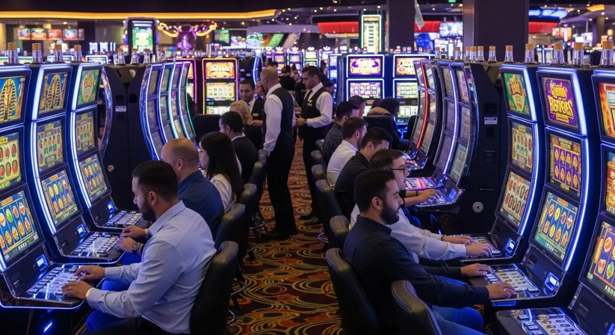 Sugar Rush 1000 Casino-Gäste spielen an Reihen von modernen leuchtenden Spielautomaten