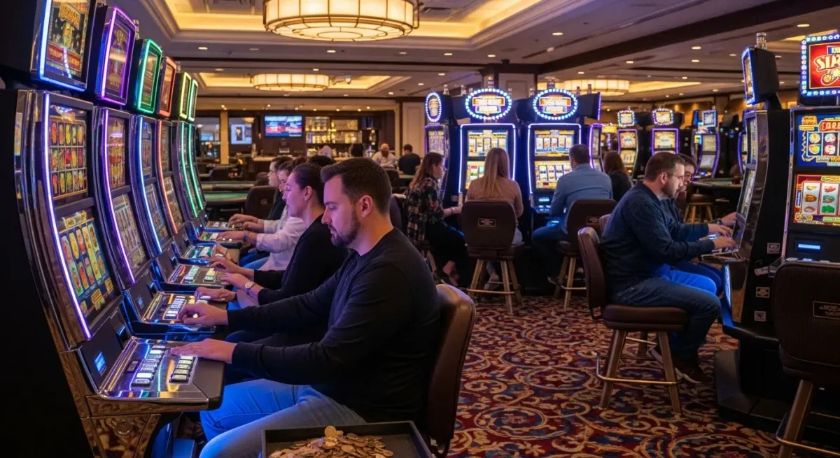 Sugar Rush 1000 Glücksspieler bedienen Reihen leuchtender Spielautomaten in einem Kasino