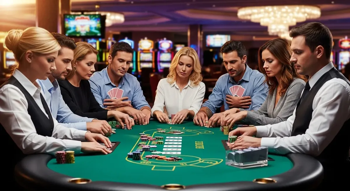 Sugar Rush 1000 Konzentrierte Spieler spielen Poker mit Karten und Chips am grünen Casinotisch