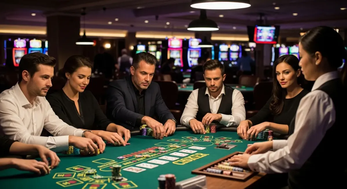 Sugar Rush 1000 Leute spielen Kartenspiel mit Chips am Casinotisch