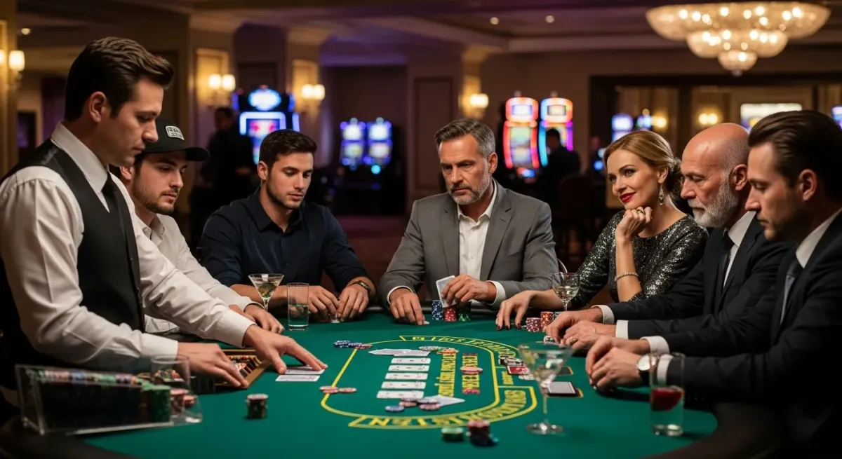 Sugar Rush 1000 Personen spielen Poker am Kasinotisch mit Croupier