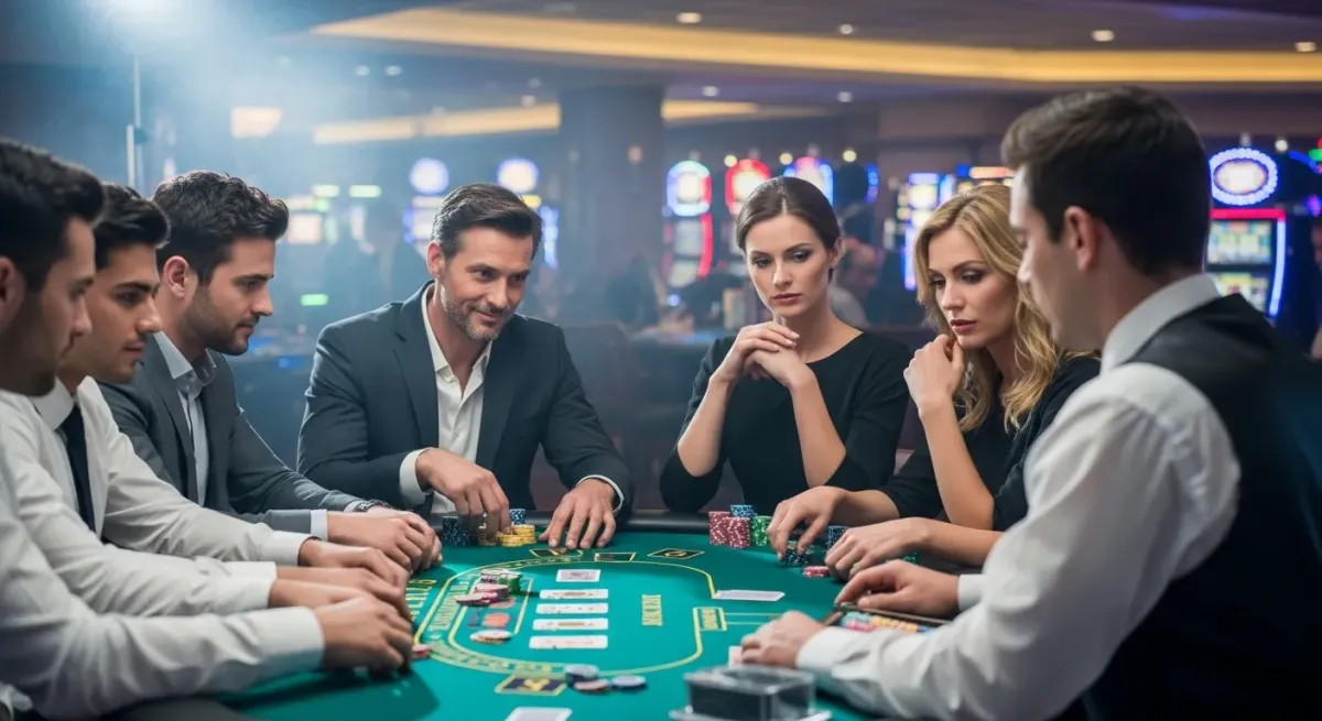 Sugar Rush 1000 Männer und Frauen spielen Poker an einem Kasinotisch