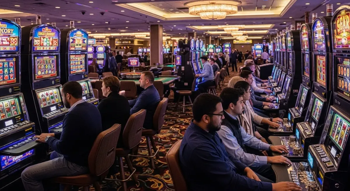 Sugar Rush 1000 Menschen spielen an Spielautomaten in einem großen Casino