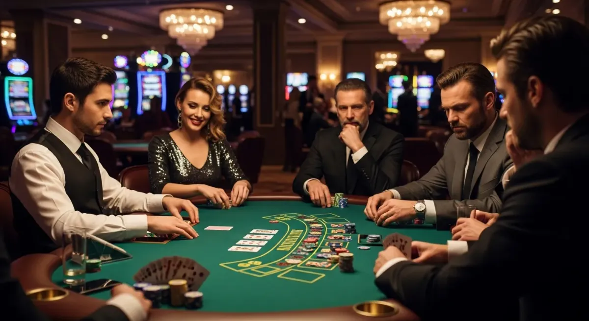 Sugar Rush 1000 Personen spielen konzentriert Poker an einem grünen Casinotisch